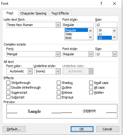 format ms word in hindi